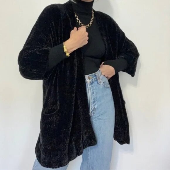 Moth Anthropologie LILY Soft Chenille Black Oversized Knit Cardigan Sweater XS - Picture 2 of 5